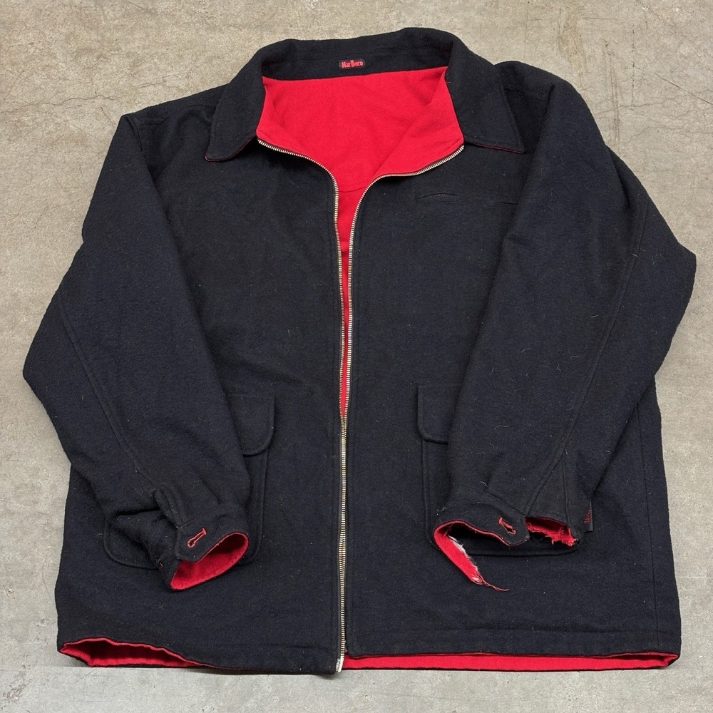 Vintage Wool Marlboro Unlimited Reversible Red Black Zip Up Jacket Large Collar‎